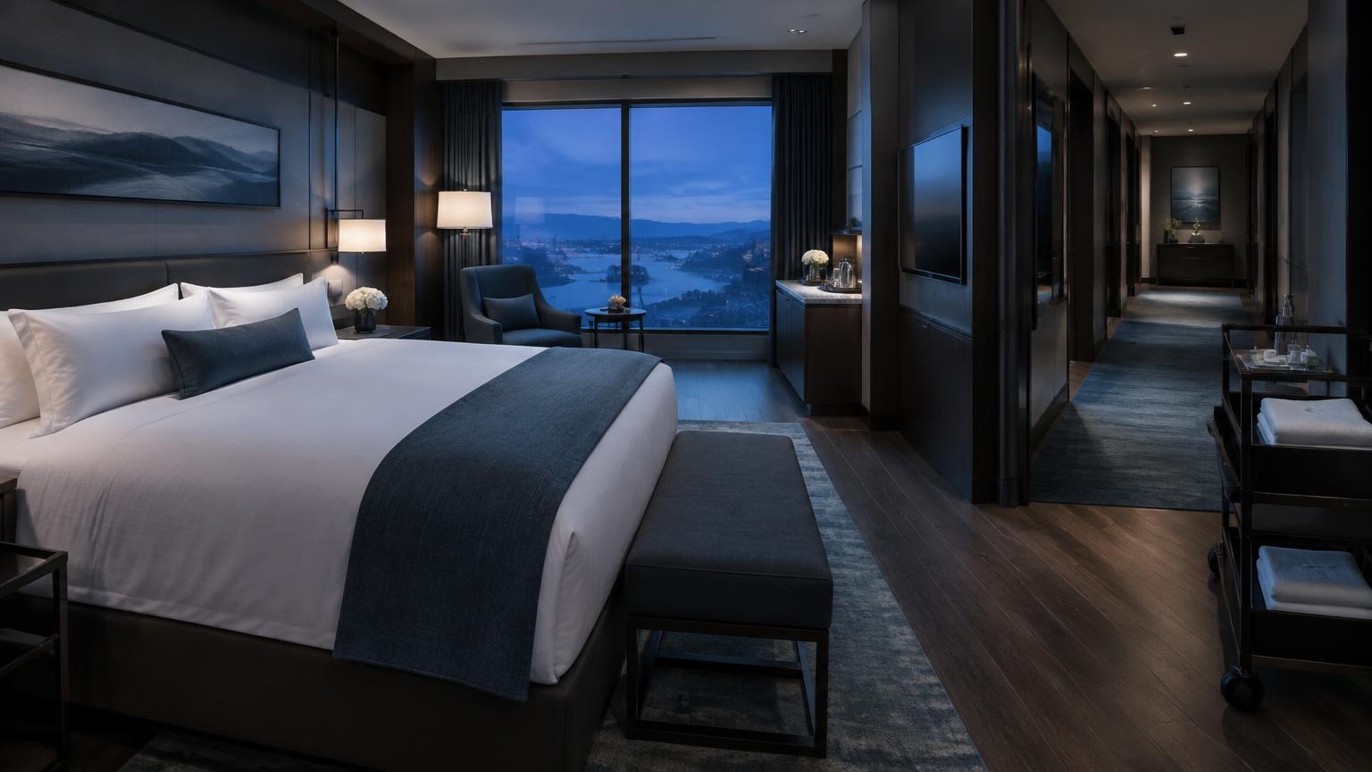 Luxury hotel room and service corridor at evening