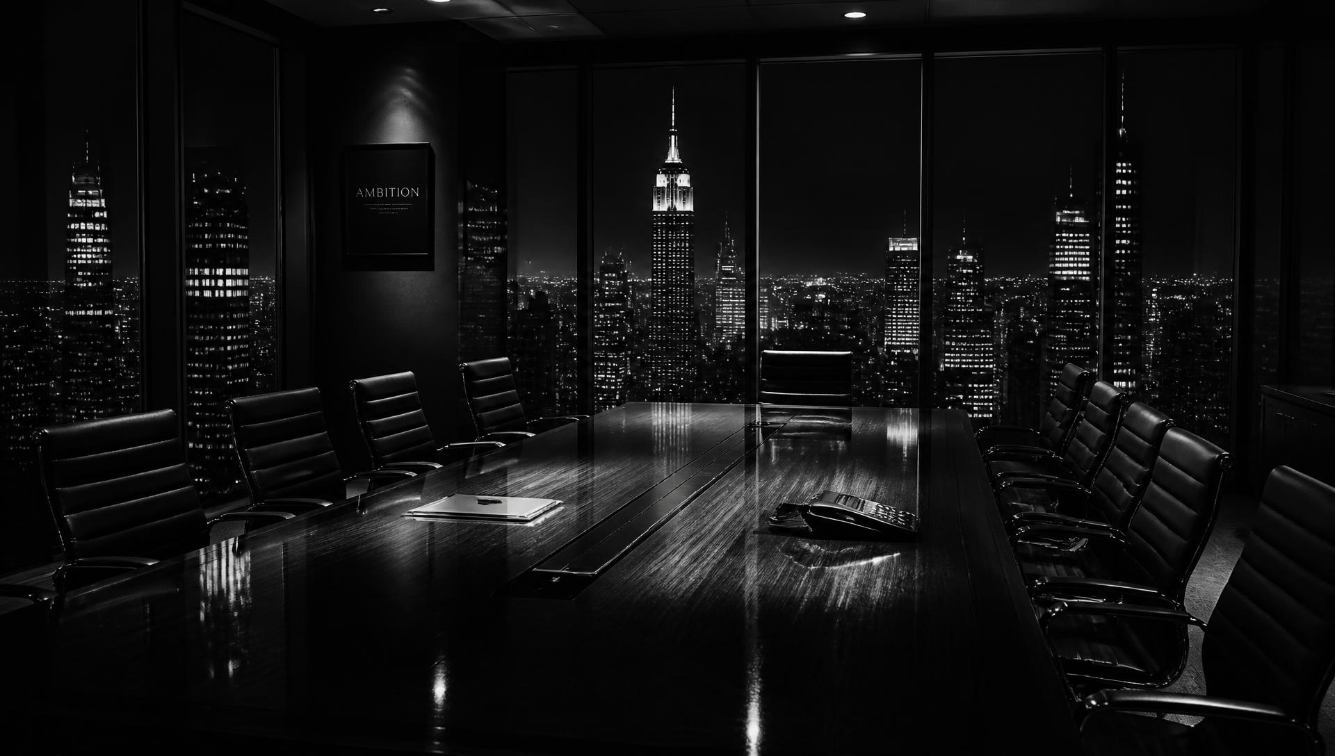 Boardroom high above Manhattan with the lit skyline beyond the windows