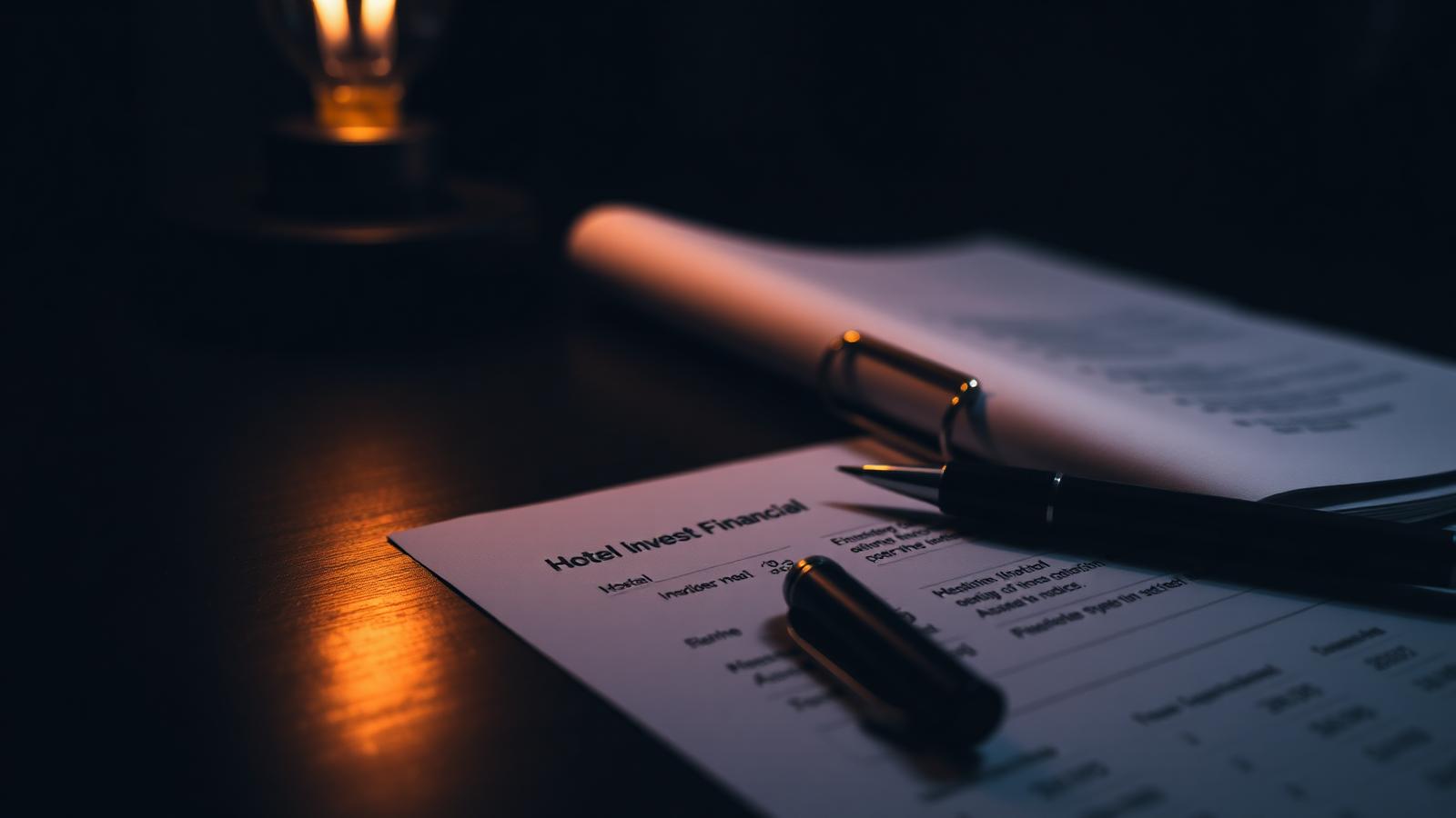 Hotel investment financial documents lit by a single lamp