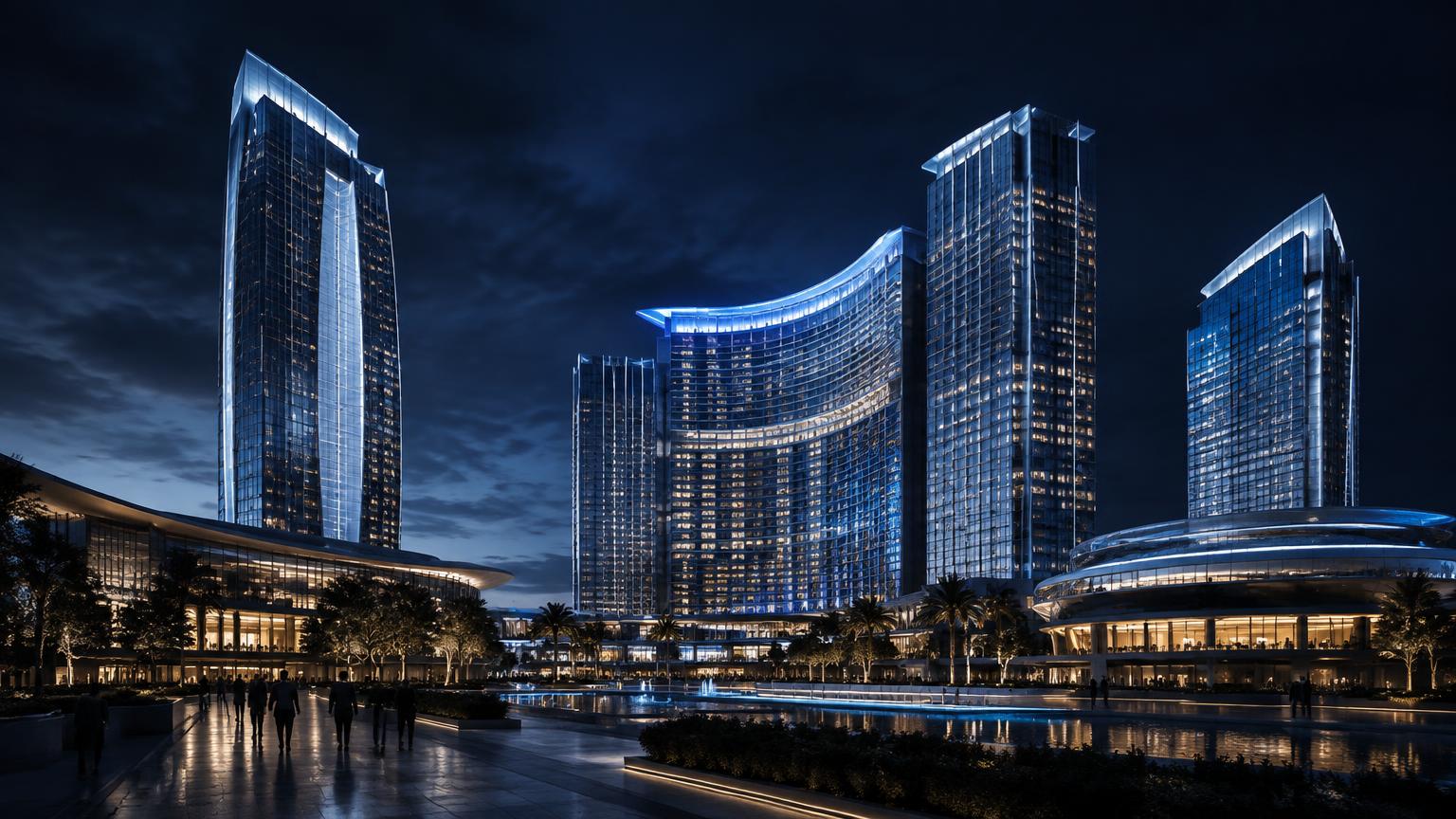Integrated resort towers illuminated at night