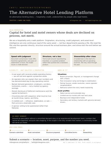 First page of the Alternative Hotel Lending Platform investor one-pager